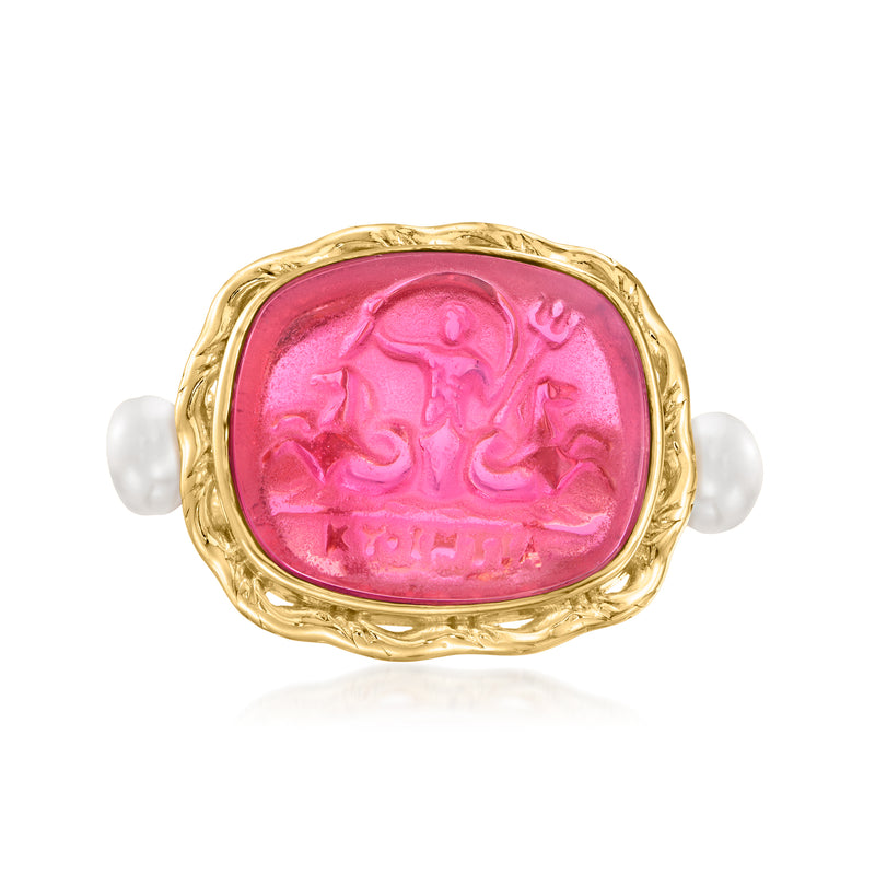 Gold ring with pink Venetian glass cameo and two cultured pearls on the sides