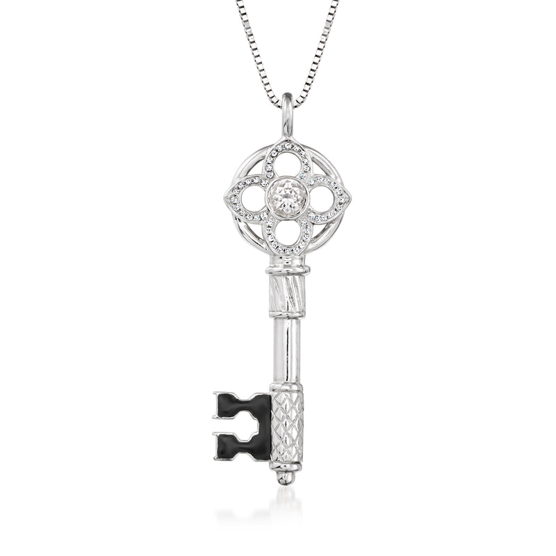 Vintage diamond key pendant necklace in white gold with black enamel bow detail