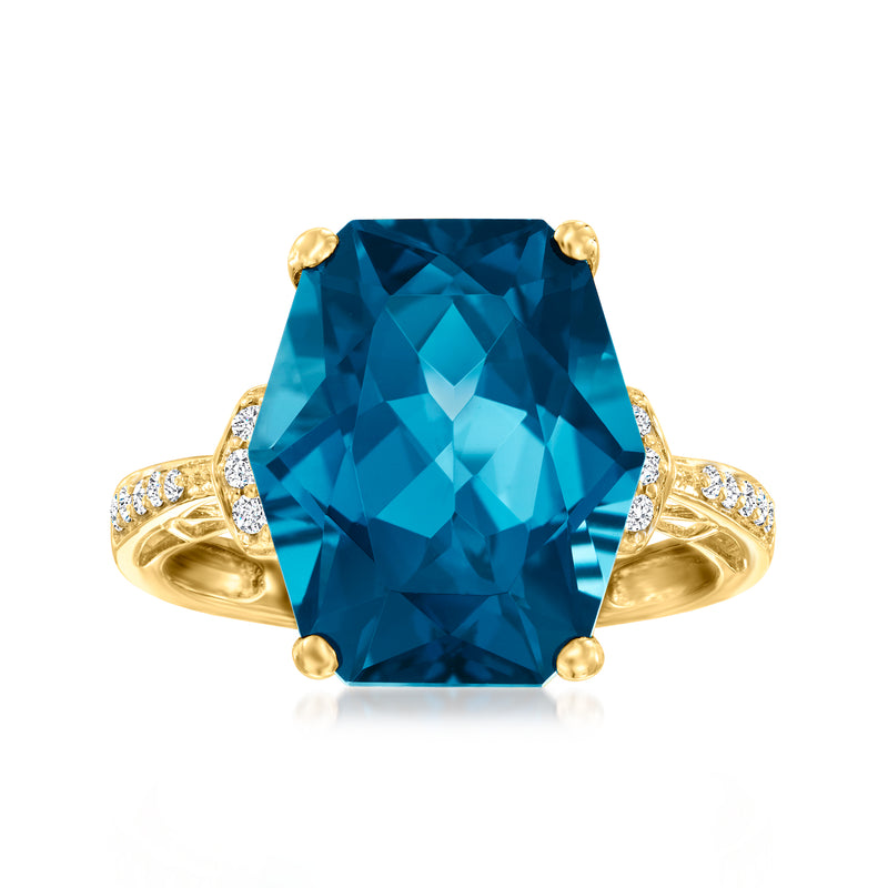 14kt yellow gold ring with cushion-cut London blue topaz and diamond accents