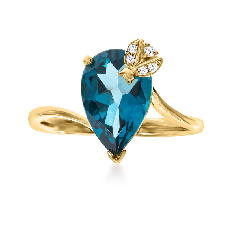 14kt yellow gold ladybug ring with London blue teardrop topaz and diamond accents