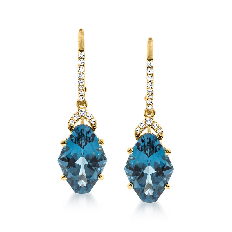 14kt yellow gold leverback drop earrings with blue topaz and diamond accents