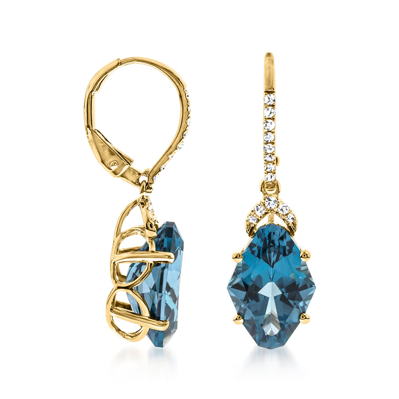 14kt yellow gold leverback earrings with blue topaz teardrop and diamond halo