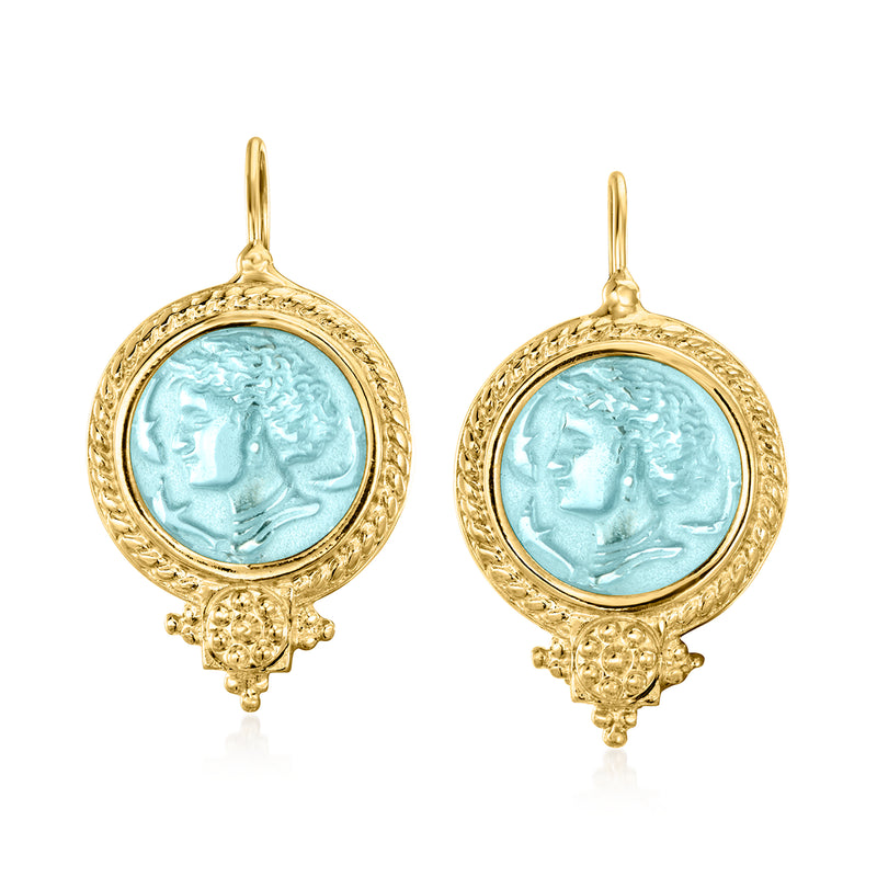 18kt gold over sterling earwire drop earrings with light blue Venetian glass medallion