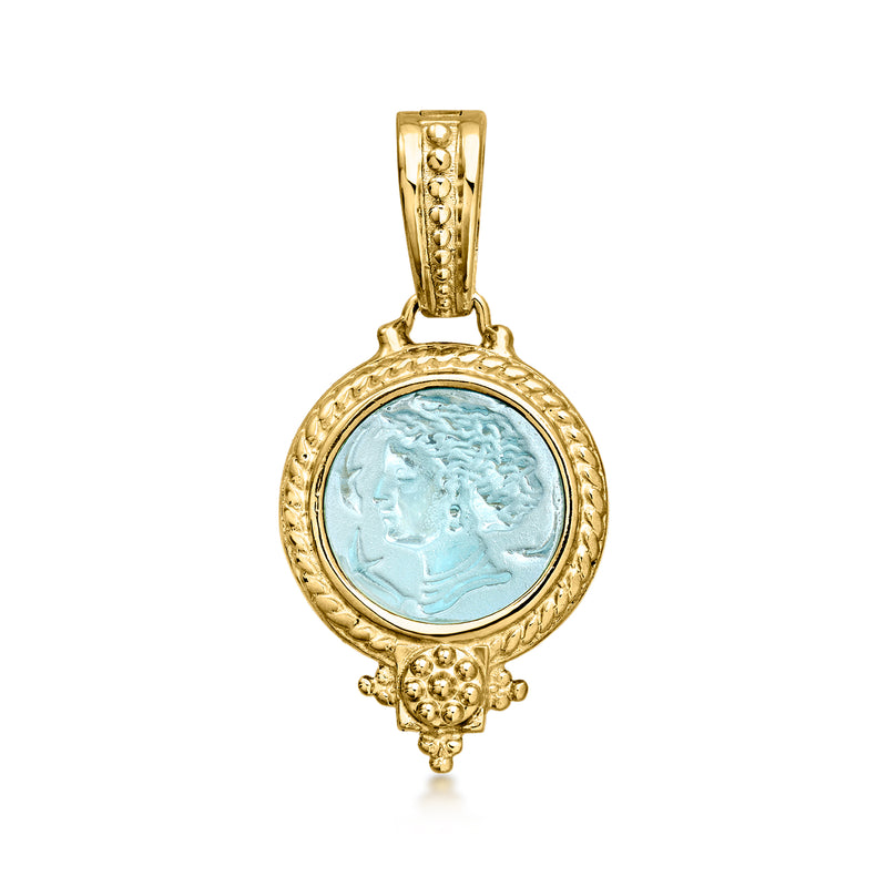 Gold over sterling pendant with blue cameo glass medallion and ornate frame