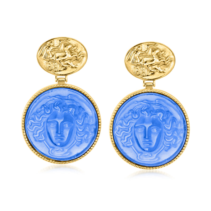 Medusa drop earrings with blue glass cameo and gold-toned frames
