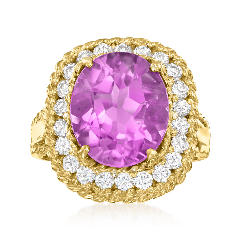 18k yellow gold amethyst and diamond ring with oval purple gemstone halo