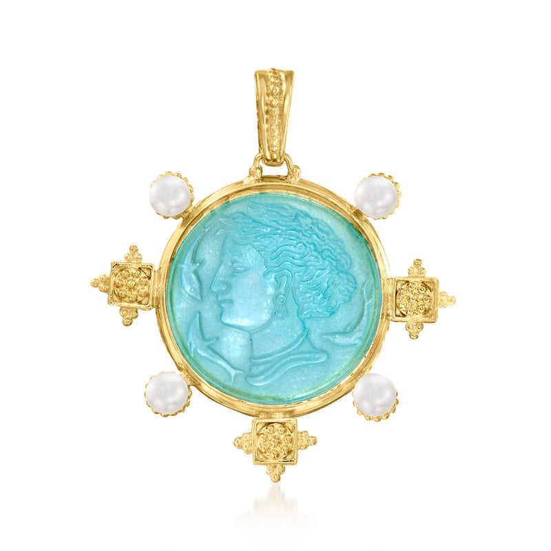 Gold pendant with round blue Venetian glass cameo and white pearls, ornate bezel