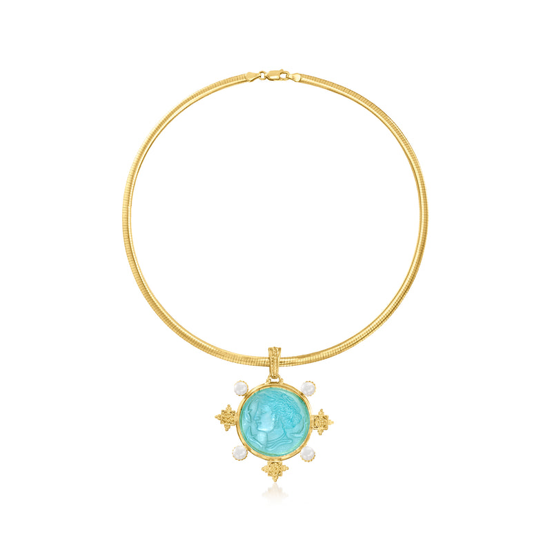 Gold chain necklace with small round blue cameo pendant and white cultured pearls
