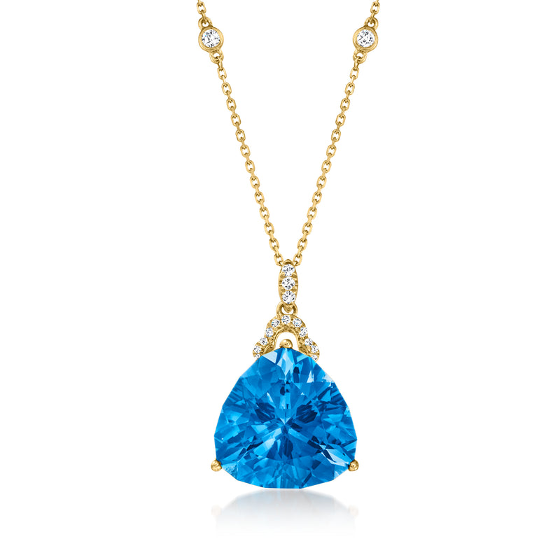 14kt yellow gold necklace with blue topaz pear pendant and diamond accents