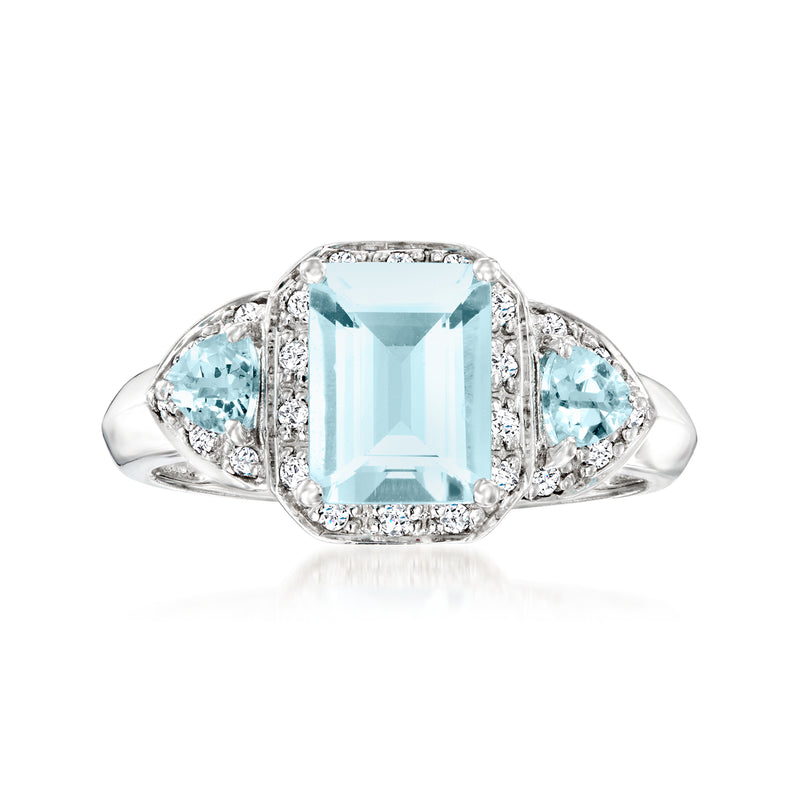 14k white gold aquamarine and diamond ring, emerald-cut center with side stones