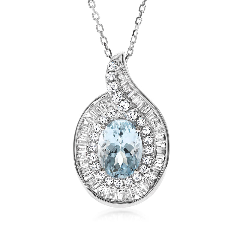 14kt white gold aquamarine and diamond pendant necklace, teardrop with halo.