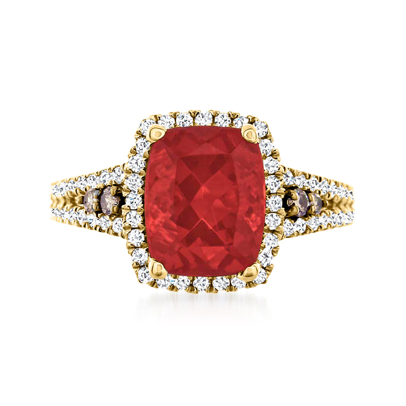Fire opal ring in 14kt yellow gold with white and brown diamond halo and band