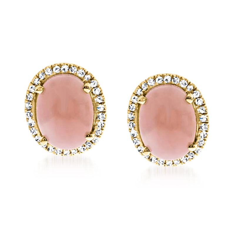 14kt yellow gold post earrings with oval pink opal and diamond halo settings