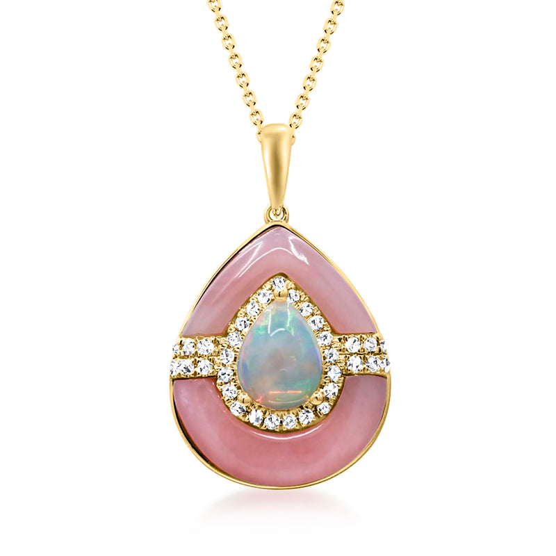 14kt yellow gold teardrop pendant with pink mother-of-pearl opal center and diamond accents