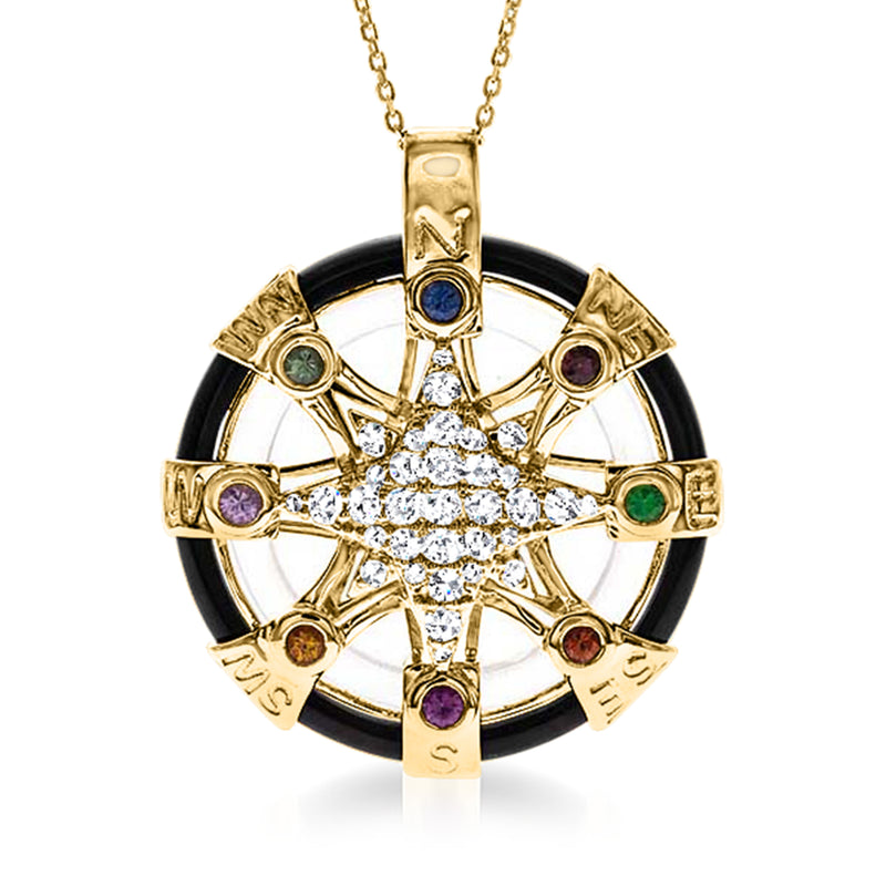 14kt yellow gold compass pendant necklace with black onyx ring and multi-gem accents