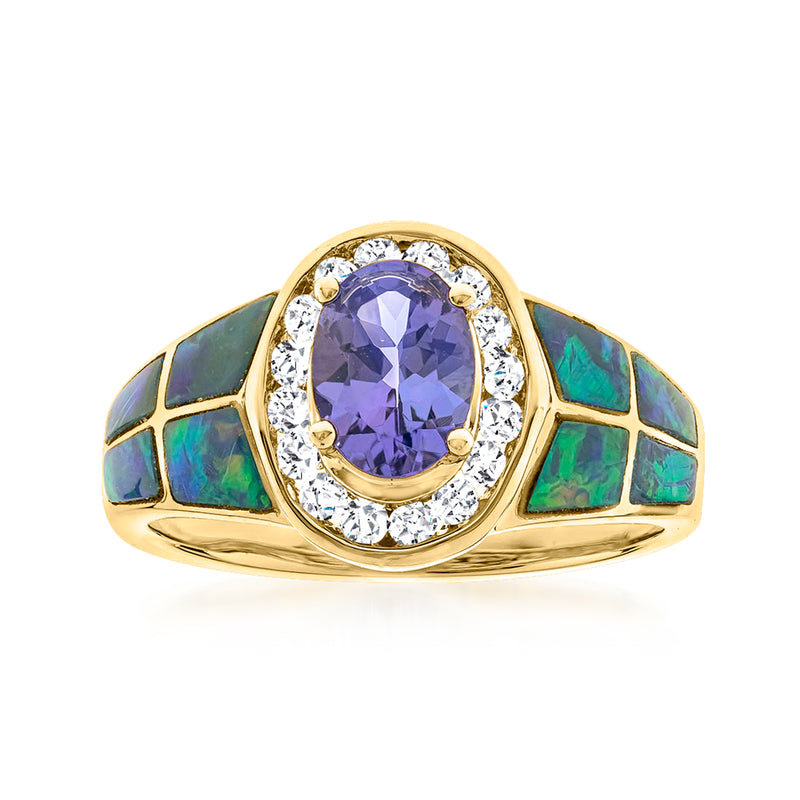 14kt yellow gold halo ring with oval tanzanite center and black opal accents