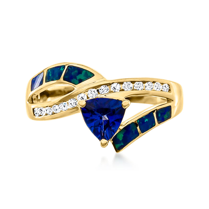 14kt yellow gold highway ring with blue tanzanite, green opal, and diamonds