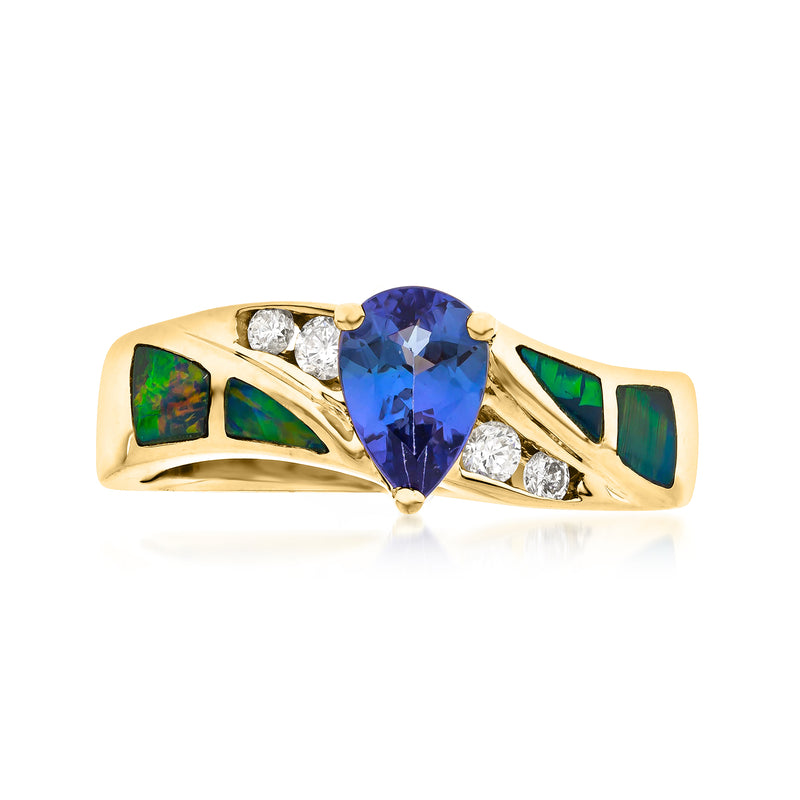 14kt yellow gold ring with oval blue tanzanite, green opal inlay, diamond accents
