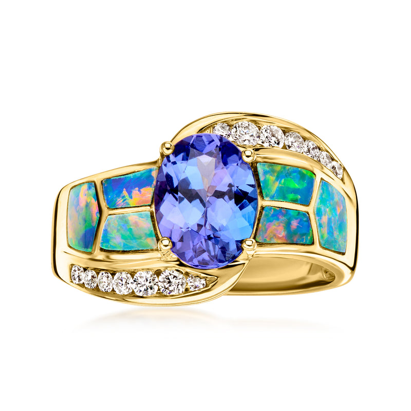 14kt yellow gold ring, oval blue tanzanite with opal sides and diamond accents