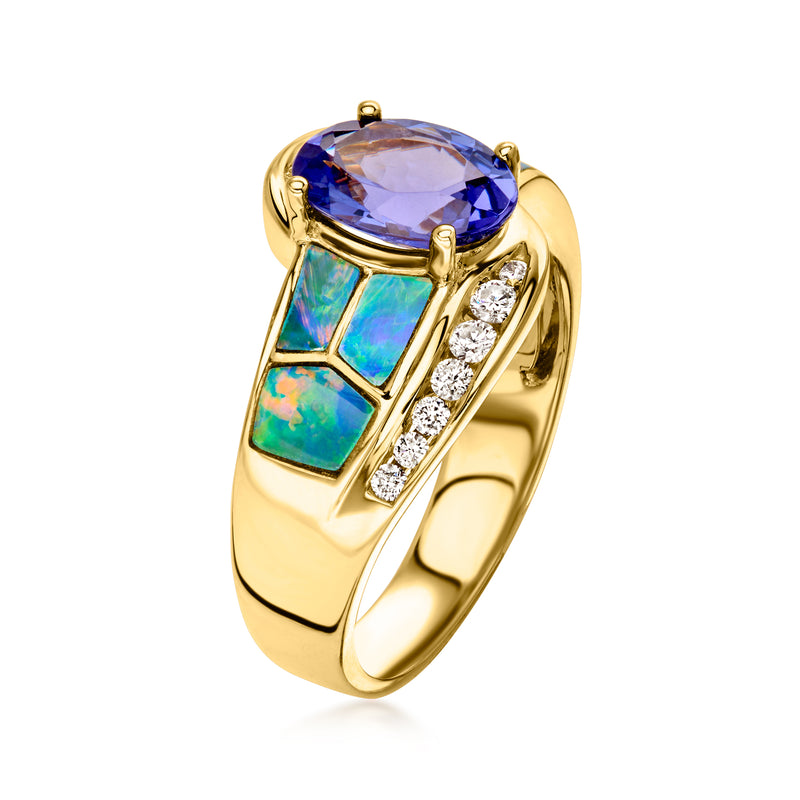 14kt yellow gold oval tanzanite ring with green-blue opal side stones and diamond bands