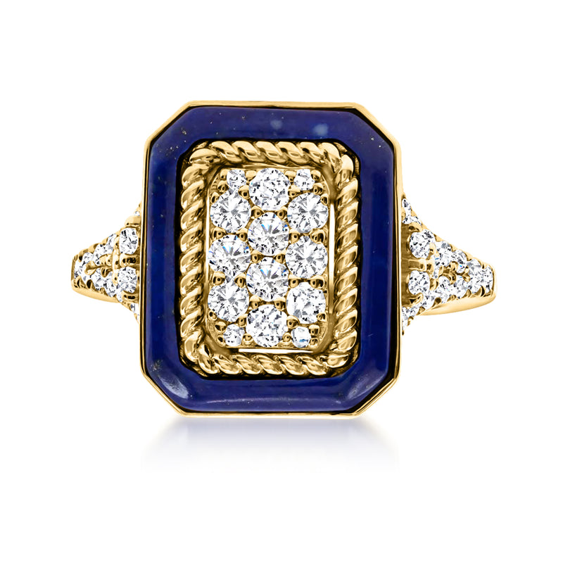 14kt yellow gold diamond and lapis frame ring with octagonal blue bezel, rope edge, side diamonds