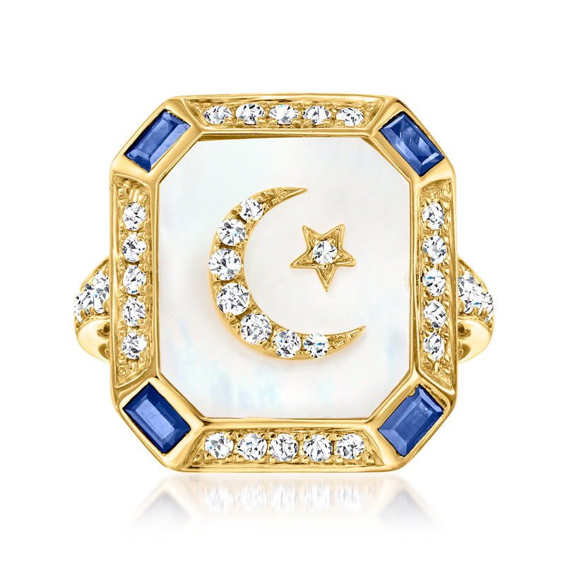 14kt yellow gold moon and star ring with sapphire squares and diamond accents
