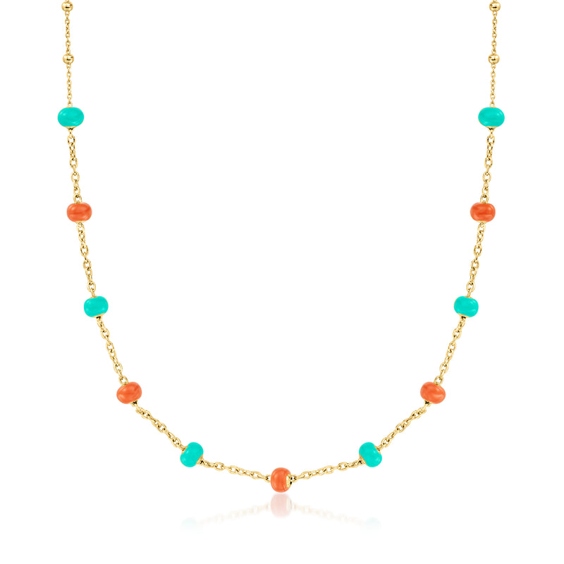 18kt gold over sterling bead station necklace with orange and teal enamel beads