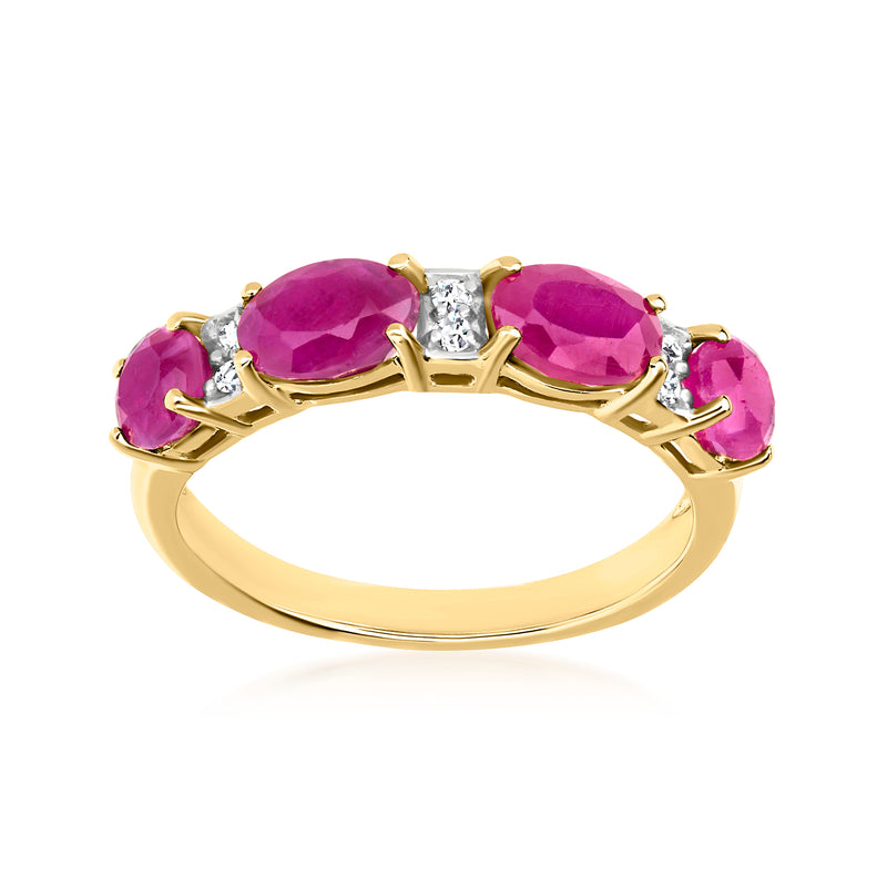 14kt yellow gold ring with three oval ruby gemstones and diamond accents