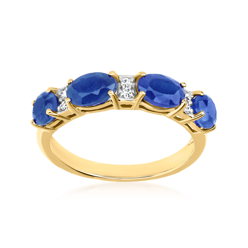 14kt yellow gold ring with three oval blue sapphires and diamond accents