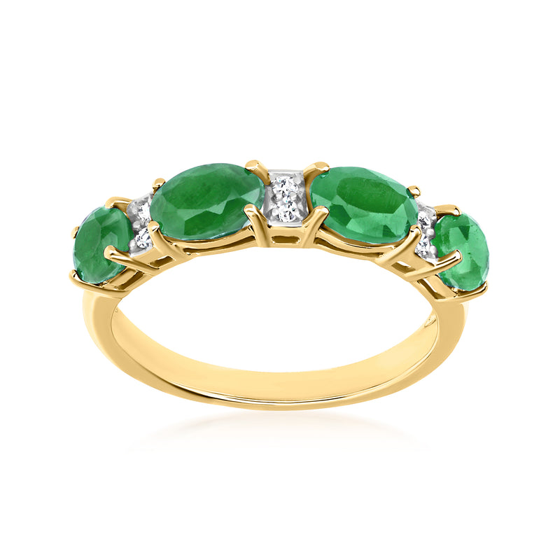 14kt yellow gold ring with three green emerald-cut stones and diamond accents