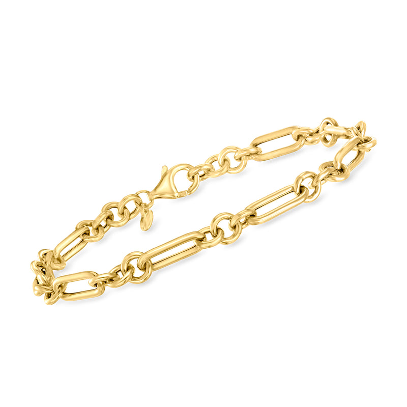 Yellow gold paper clip and cable-link bracelet with clasp, polished chain links