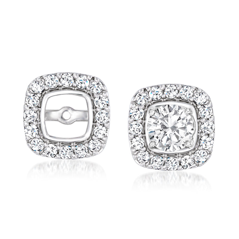 Square diamond earring jacket in 14kt white gold with round halo stones
