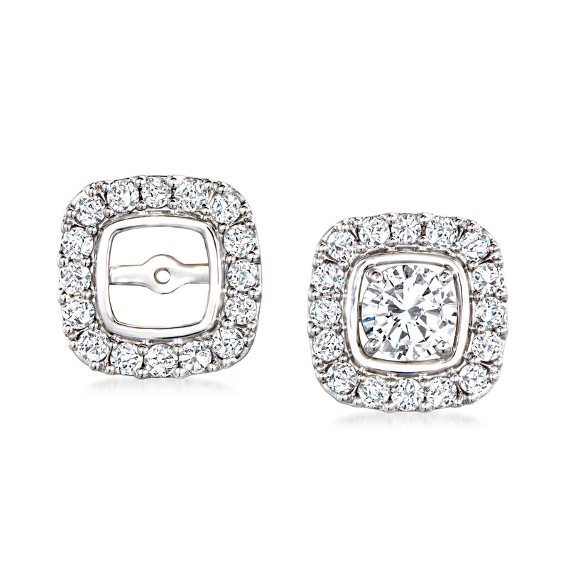 White gold diamond earring jacket with square halo of round stones and hinged backing