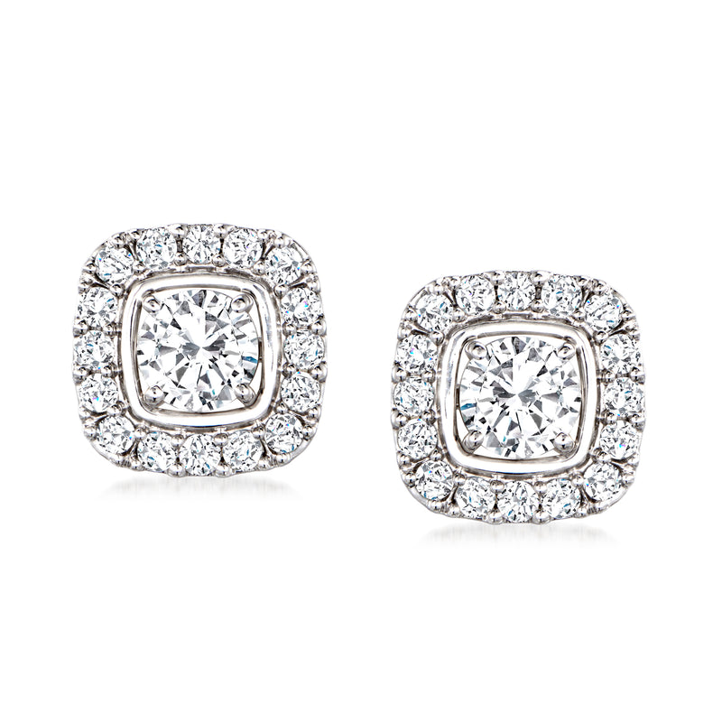 White gold diamond earring jacket with square halo and round center diamond