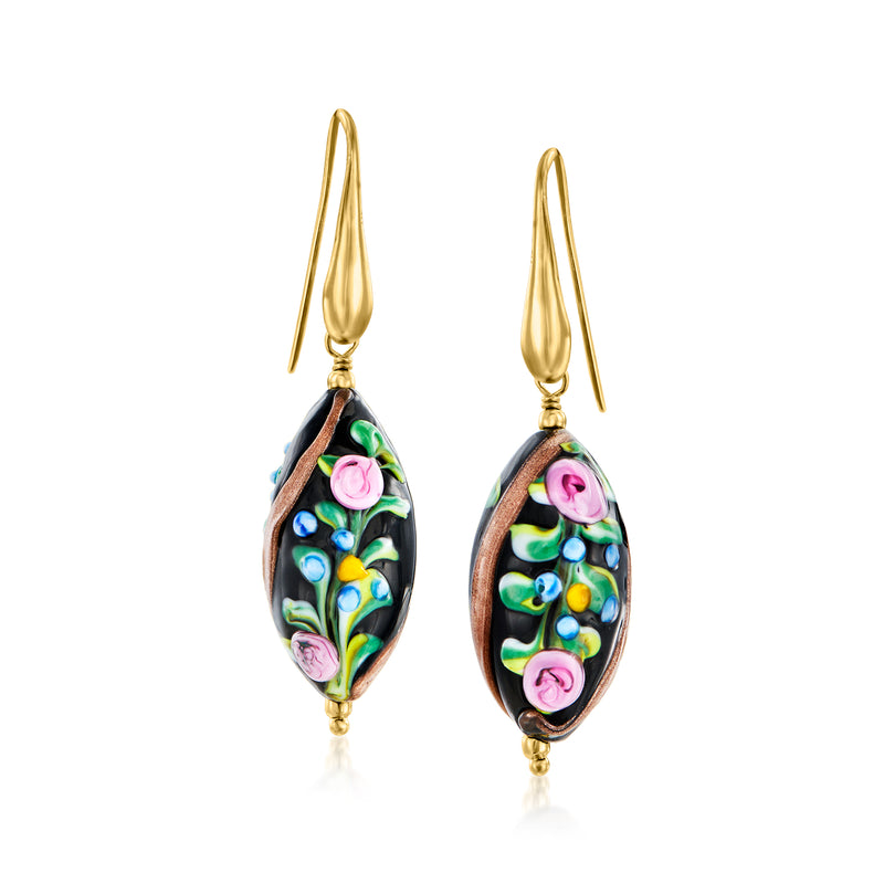 Gold-tone teardrop drop earrings with multicolored floral Murano glass inlay