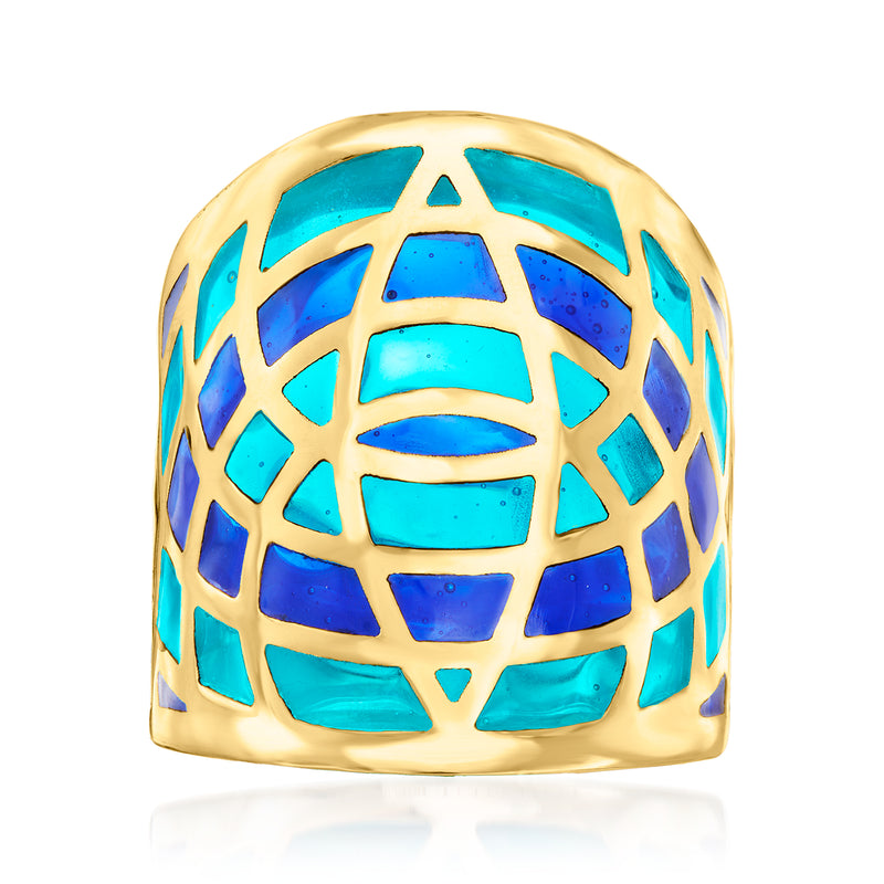 14kt yellow gold wide ring with blue enamel geometric lattice design