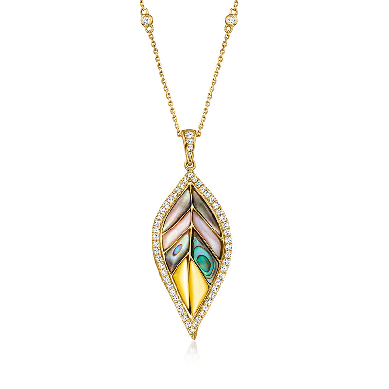 Leaf pendant necklace in 14kt yellow gold with multicolor shell leaf and diamond halo