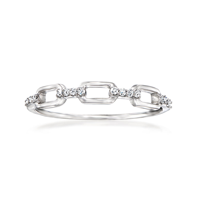 Sterling silver paper clip link ring with small round diamond accents, openwork design