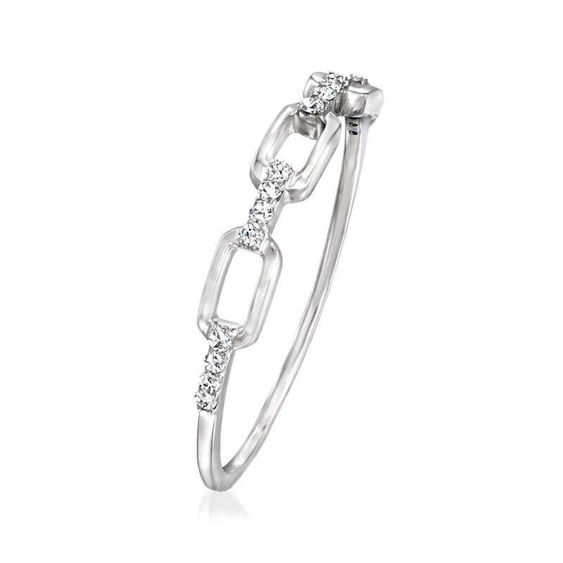 Sterling silver link ring with rectangular paper-clip links and round diamond accents