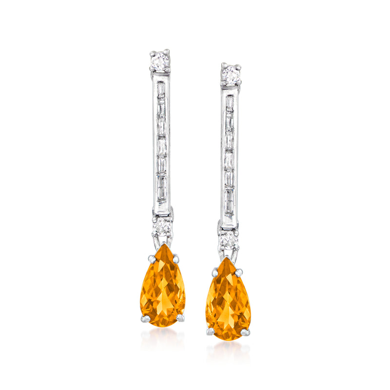 14kt white gold linear drop earrings with orange citrine teardrops and diamond accents