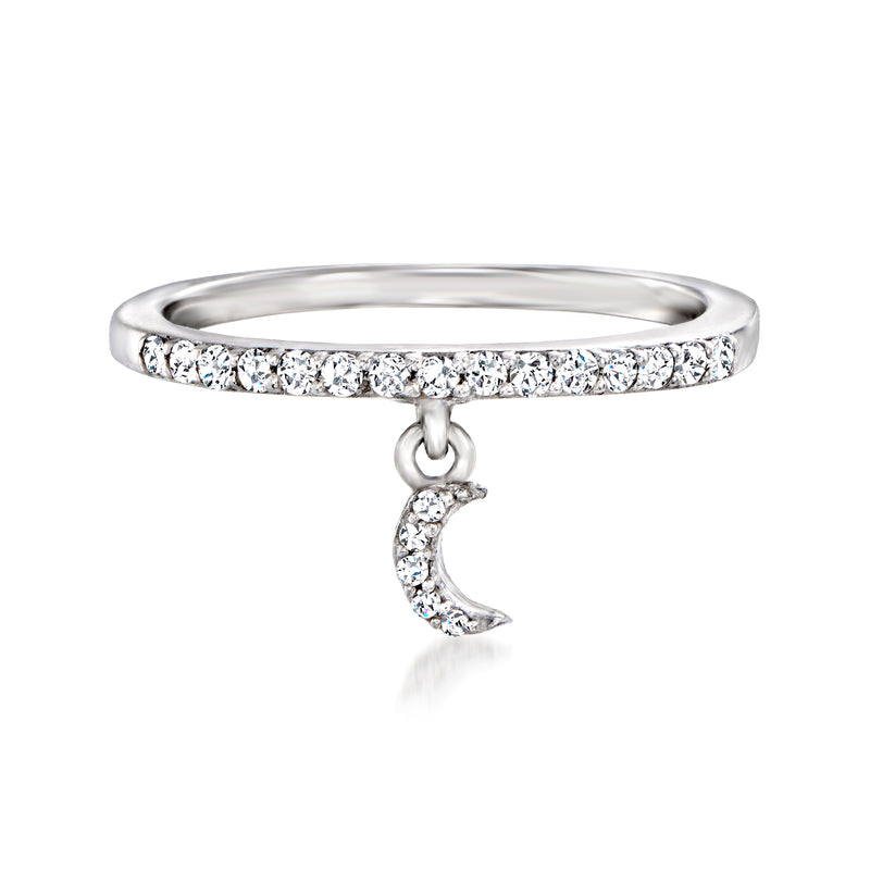 Sterling silver diamond moon charm ring with pavé band