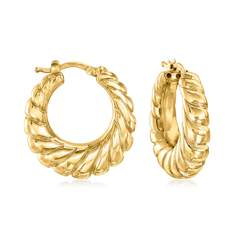 Twisted gold hoop earrings with sculpted shrimp-shell texture, hinged clasp.