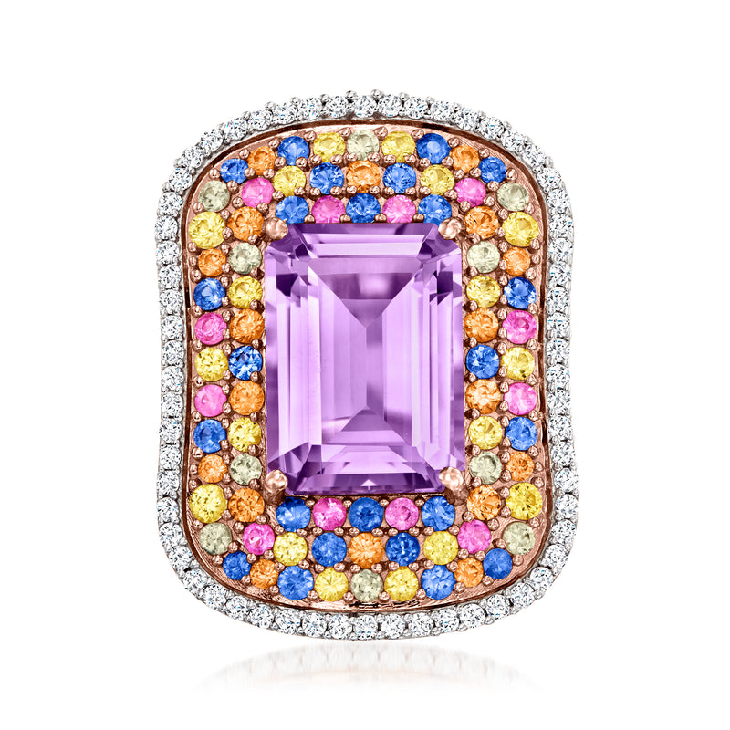 Amethyst cushion ring with multicolored sapphire halo and white zircon border in rose-gold setting