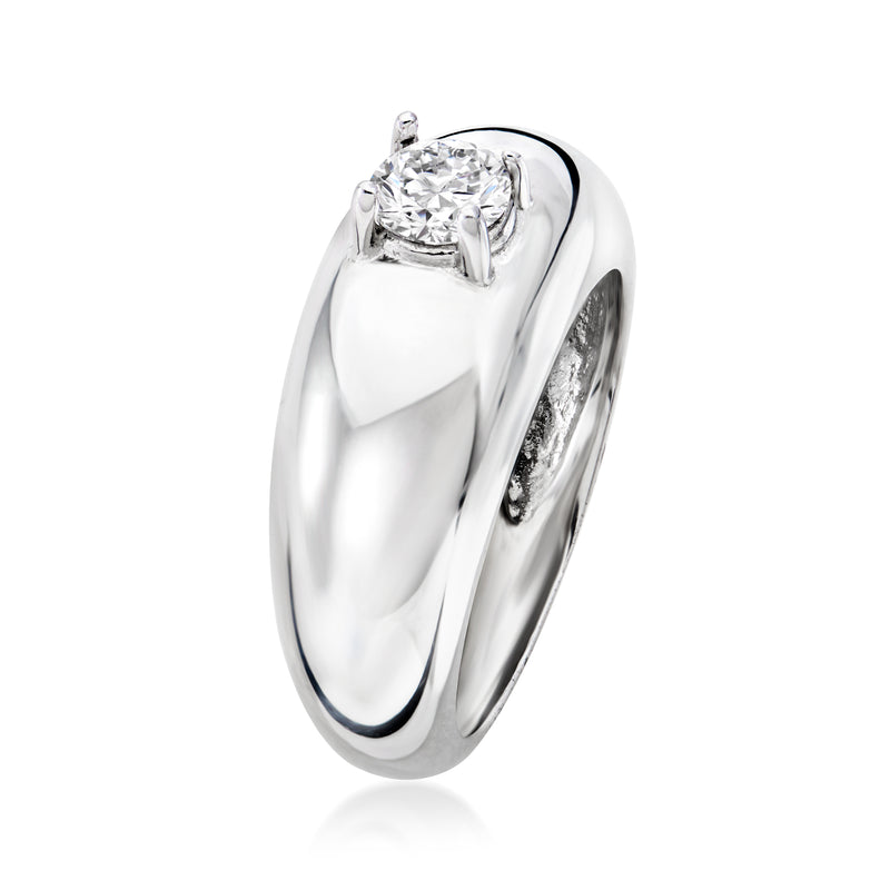 Polished sterling silver dome ring with raised round CZ stone, side view