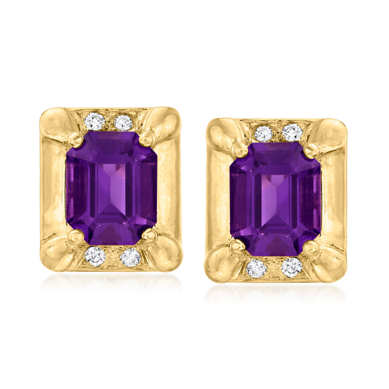 Vintage 14kt yellow gold amethyst square earrings with diamond accents, front view