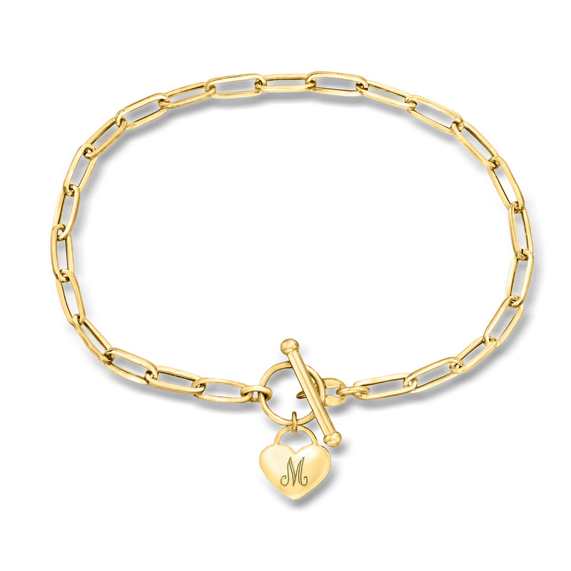 14kt yellow gold paperclip link bracelet with heart charm and initial M