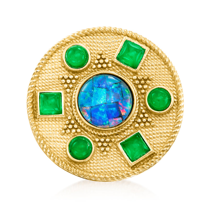 Gold-tone ring with oval blue opal center and green agate accents, textured setting.