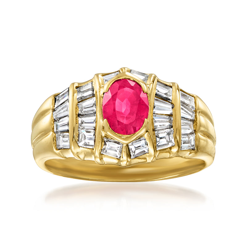 Vintage ruby and diamond ring in 18kt yellow gold, oval red center with baguette stones