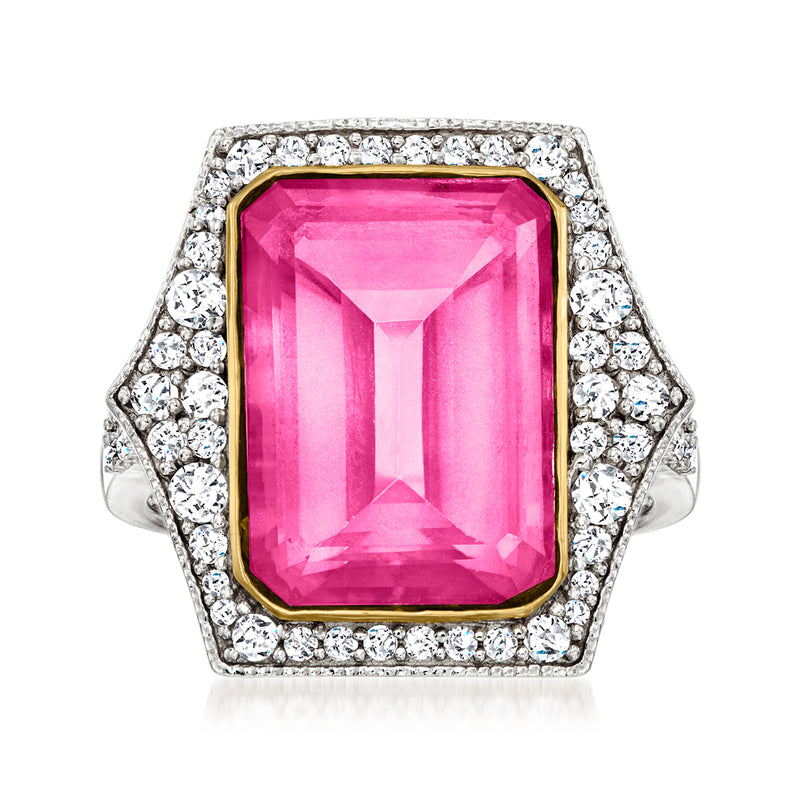 Pink topaz ring with white topaz accents in sterling silver and gold-tone