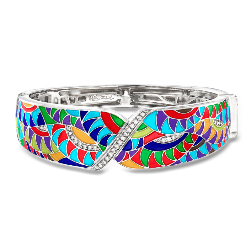 Sterling silver bangle with multicolor enamel mosaic and crystal accents, oval link